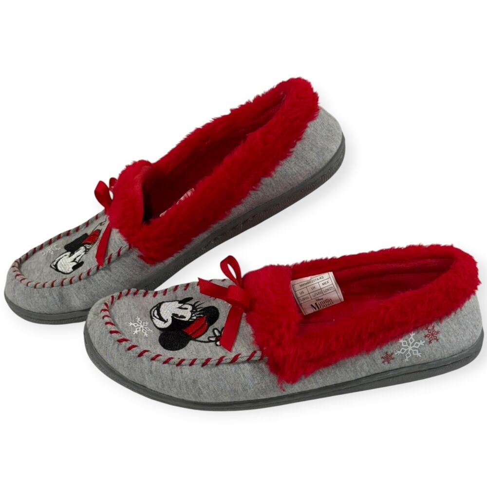 Disney Minnie Mouse Moc Slippers, Women's 9/10, Gray Red, Kitsch, Cozy, Cute
